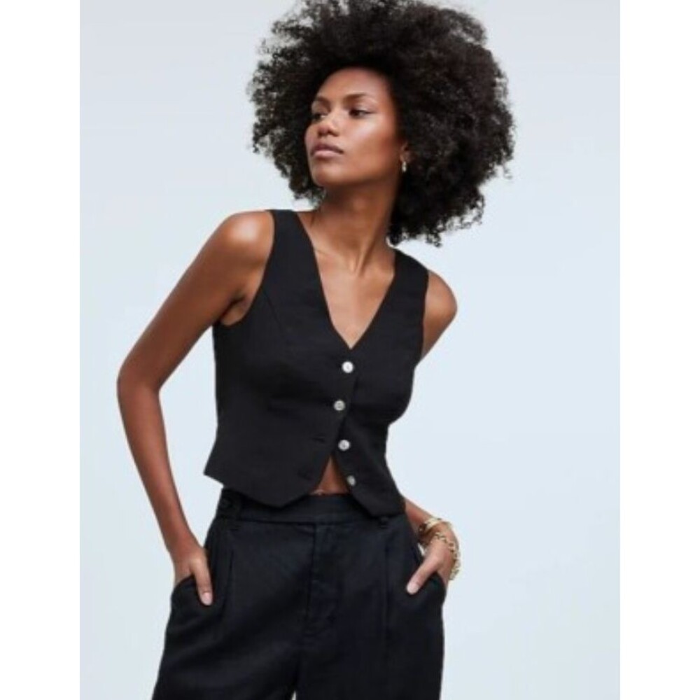 NWT Madewell Katrina Black Cropped Softdrape V-Neck Button Front Vest Sz 12